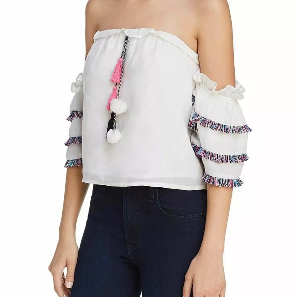 RED CARTER Off-shoulder Tassel Fringe Crop Boho Blouse - XS - Ivory